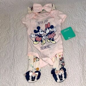 Disney Baby Minnie & Mickey Mouse Bodysuit, Pant & Headband Infant Set